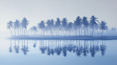 A stunning blue landscape features palm trees reflected in the calm water, creating a tranquil scene at dawn. The soft light and mist enhance the serene atmosphere.の素材