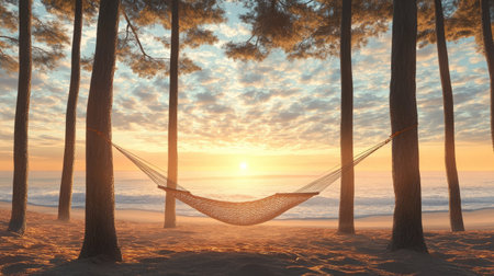 Experience a tranquil sunset scene where a hammock hangs between tall trees, overlooking the calm ocean waves on a sandy beach. Perfect for escape.の素材