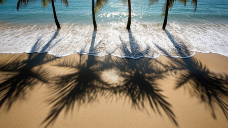 This serene beach scene features lush palm trees casting intricate shadows on golden sand, with gentle waves lapping at the shore under a bright blue sky.の素材