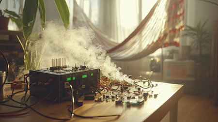 A captivating scene of an electronic device emitting steam and smoke, surrounded by colorful wires, set in a cozy and bright room atmosphere.の素材