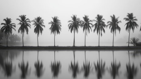 A tranquil black and white image featuring palm trees reflected in a calm lake under a misty atmosphere, creating a serene and peaceful landscape.の素材