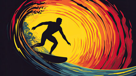 This dynamic illustration captures a silhouetted surfer skillfully riding a colorful wave at sunset. The vivid colors and abstract forms evoke feelings of excitement and freedom associated with surfing. Perfect for summer-themed projects.の素材