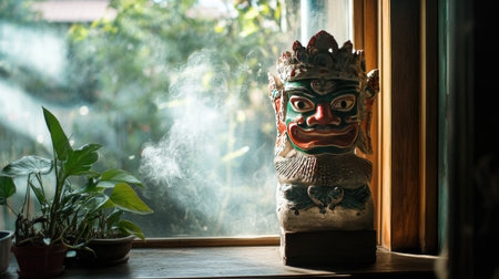 A colorful traditional statue sits by a sunlit window, surrounded by smoke and vibrant greenery, creating a tranquil and artistic indoor atmosphere.の素材