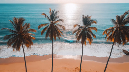 Experience the tranquility of a serene coastal scene featuring palm trees silhouetted against a colorful sunset, gentle waves caressing the shore.の素材