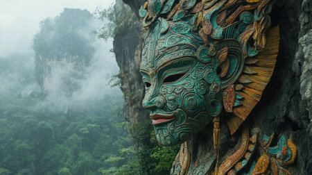 An exquisite stone carving of a mythical figure stands majestically amidst a lush green forest and mist-covered mountains, showcasing intricate details.の素材