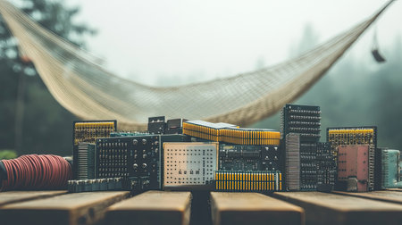 A serene scene showcasing vintage electronic components artfully arranged on a wooden surface, with a relaxing hammock and nature in the background.の素材