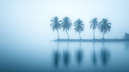 A tranquil view of a tropical island featuring silhouetted palm trees emerging from the fog, creating a serene atmosphere of stillness and reflection.の素材