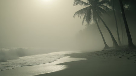 A tranquil beach scene featuring silhouetted palm trees against a misty ocean at sunrise, creating a serene atmosphere perfect for relaxation and inspiration.の素材