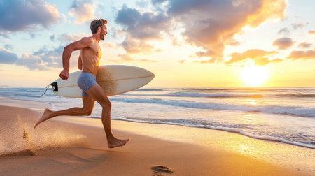 A dynamic image of a male surfer running joyfully along a sandy beach at sunrise, carrying his surfboard. Colorful clouds and waves enhance the serene atmosphere.の素材