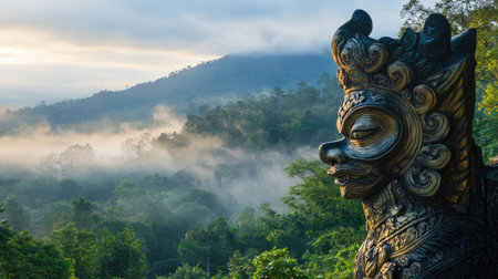 Captivating sculpture stands proudly against a backdrop of misty mountains and lush greenery, evoking tranquility and artistic beauty in nature's embrace.の素材