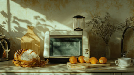 A charming kitchen setup featuring a toaster, freshly baked bread, and vibrant citrus fruits, bathed in soft morning light, perfect for inspiring home cooking.の素材