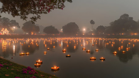 A tranquil lake scene illuminated by floating candles creates a serene atmosphere. Mist envelops the surroundings, enhancing the peaceful ambiance.の素材
