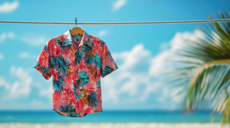 A vibrant tropical shirt is hung on a clothesline with the backdrop of the calm blue ocean and a scenic sky, symbolizing summer and vacation vibes.の素材
