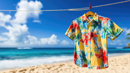 A vibrant tropical shirt hangs on a clothesline against a stunning beach backdrop with azure water and fluffy clouds, evoking a carefree summer vibe.の素材