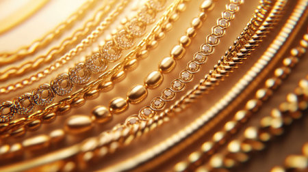 This stunning image showcases a mesmerizing arrangement of shiny gold chains and jewelry, highlighting their intricate designs and textures. Ideal for luxury themes.の素材