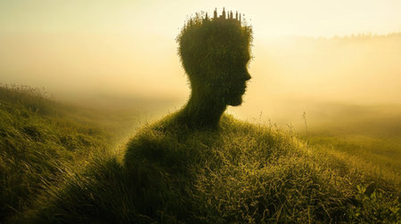 This striking image portrays a human silhouette composed of grass and foliage, emerging from a misty landscape at sunrise. It symbolizes unity with nature, evoking peace and introspection.の素材