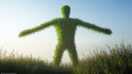 A stunning grass sculpture takes form in this serene outdoor scene, blending art with nature. The silhouette reflects harmony and tranquility under the bright sky.の素材