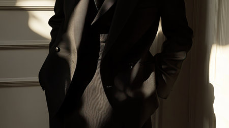A stylish man dressed in a tailored black suit stands confidently against a softly lit backdrop, embodying refinement and modern elegance.の素材