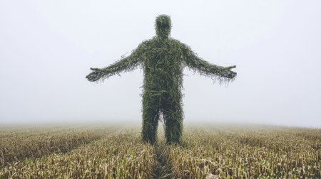 A striking human figure made entirely of grass stands in a foggy field, representing the connection between humanity and nature, evoking tranquility and sustainability.の素材