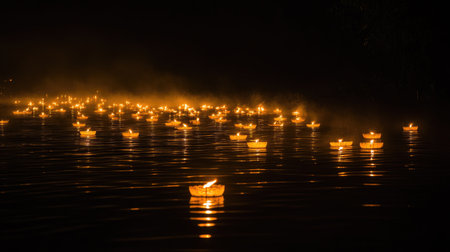 A tranquil night scene featuring numerous floating candles gracefully illuminating calm water, creating a serene and magical atmosphere perfect for relaxation and reflection.の素材