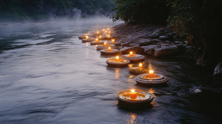 This serene river scene features floating candles casting a warm glow on tranquil waters. Mist rises gently, enhancing the peaceful atmosphere, perfect for meditation.の素材