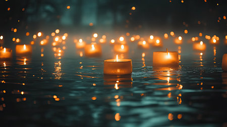 A serene scene showcasing floating candles gently illuminating the water surface, surrounded by mist, creating an enchanting and tranquil atmosphere perfect for relaxation and reflection.の素材