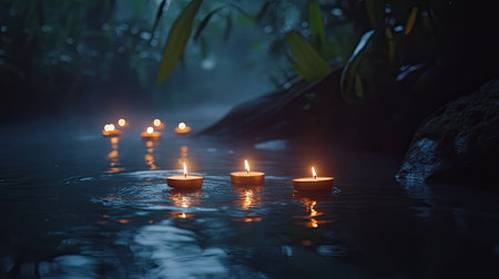 A serene evening scene depicts floating candles illuminating calm water amidst lush greenery. Mist adds to the tranquil atmosphere, perfect for relaxation.の素材