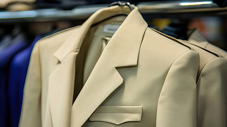 This image features an elegant beige suit hanging in a stylish clothing store, representing modern fashion design and high-quality craftsmanship.の素材