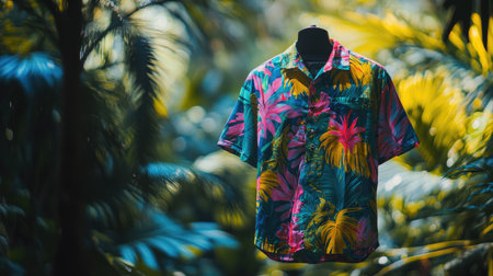 Bright and colorful tropical shirt hanging amid lush greenery creates a vibrant and inviting image that embodies summer style and travel excitement.の素材