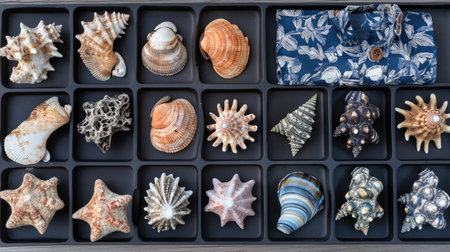 This stunning collection features a diverse array of sea shells thoughtfully arranged alongside a stylish nautical shirt, ideal for coastal decor inspiration.の素材