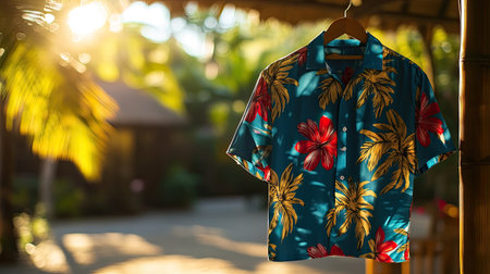 A vibrant floral Hawaiian shirt hanging in a tropical setting, beautifully illuminated by sunlight, surrounded by lush greenery, embodying summer and leisure.の素材