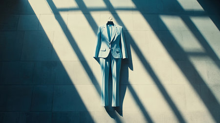 This image features an elegant tailored suit hanging against a minimalist wall, illuminated by soft natural light casting dramatic shadows, creating an artistic expression.の素材