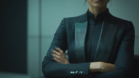A poised business professional with crossed arms exudes confidence and elegance in a modern office setting. The individual embodies professionalism and determination, perfect for business-related themes.の素材