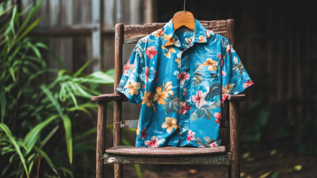 A vibrant floral shirt hangs on a vintage wooden chair, surrounded by lush greenery, showcasing a perfect blend of fashion and nature in a serene outdoor setting.の素材