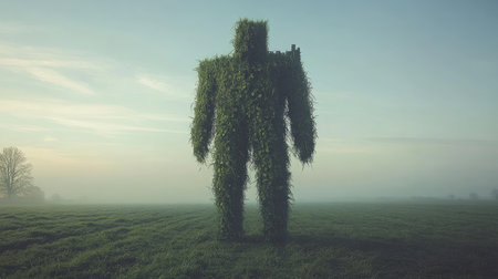 A captivating giant figure composed of grass and leaves stands in a foggy field during sunrise, evoking a sense of wonder and tranquility in nature.の素材