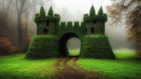 Discover a surreal grass-covered castle emerging from fog in a serene forest, offering a magical and tranquil escape into a mystical landscape.の素材