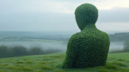 Captivating sculpture of a human figure made from lush greenery sits in a serene landscape, shrouded in early morning fog, inviting contemplation.の素材
