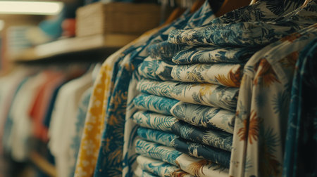 A captivating image showcasing neatly folded shirts with colorful tropical patterns displayed in a retail clothing store. Ideal for fashion themes.の素材