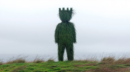 This captivating image features a grass figure standing tall on a hill, surrounded by a foggy landscape. The scene evokes a sense of mystery and tranquility, showcasing nature's artistry.の素材