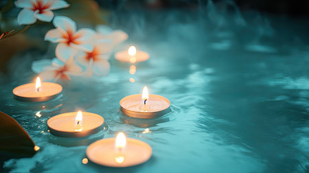 A serene scene showcasing floating candles illuminated on calm water, accompanied by delicate frangipani flowers. This peaceful setup evokes tranquility and relaxation.の素材