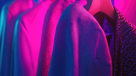 This vibrant image showcases stylish clothing on hangers illuminated by colorful lighting, perfect for fashion retailers or style promotions.の素材