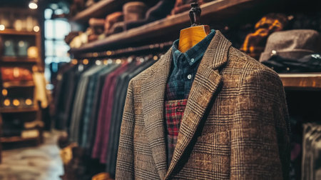 Explore a sophisticated display of men's clothing featuring a classic tweed blazer in a charming vintage shop. The warm interior showcases quality craftsmanship and elegant style.の素材