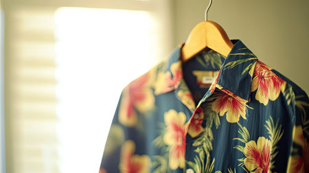 A vibrant Hawaiian floral shirt hangs elegantly in soft, natural light, showcasing its intricate design and bright colors, perfect for summer vibes.の素材