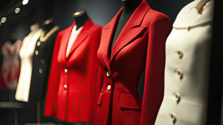 A vibrant display of red and white blazers highlights the elegance and artistry of modern fashion. Showcasing stylish designs in a chic boutique setting.の素材