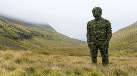 A striking figure made entirely of greenery stands in a serene misty valley, blending art and nature. This captivating sculpture invites reflection on coexistence with the environment.の素材