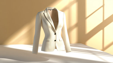 A refined white blazer showcased elegantly on a soft surface, enhanced by captivating natural light and shadows, perfect for fashion presentations.の素材