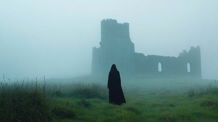 A mysterious cloaked figure wanders through fog-covered ruins of an ancient castle, creating an eerie yet tranquil scene enveloped by nature's beauty.の素材