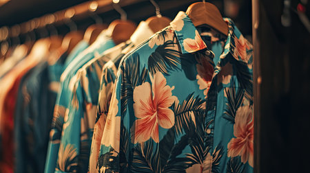 A vibrant display of colorful summer floral shirts hanging elegantly in a boutique, capturing the essence of tropical fashion with warm lighting.の素材