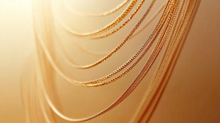 A collection of delicate gold chains gracefully hangs in soft light, showcasing their shimmering reflections on a smooth surface, ideal for elegance and luxury themes.の素材