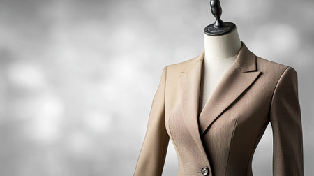 A beautifully tailored beige blazer displayed on a dress form against a soft gray background. The image showcases fine tailoring, elegant lines, and a modern aesthetic perfect for fashion promotion.の素材